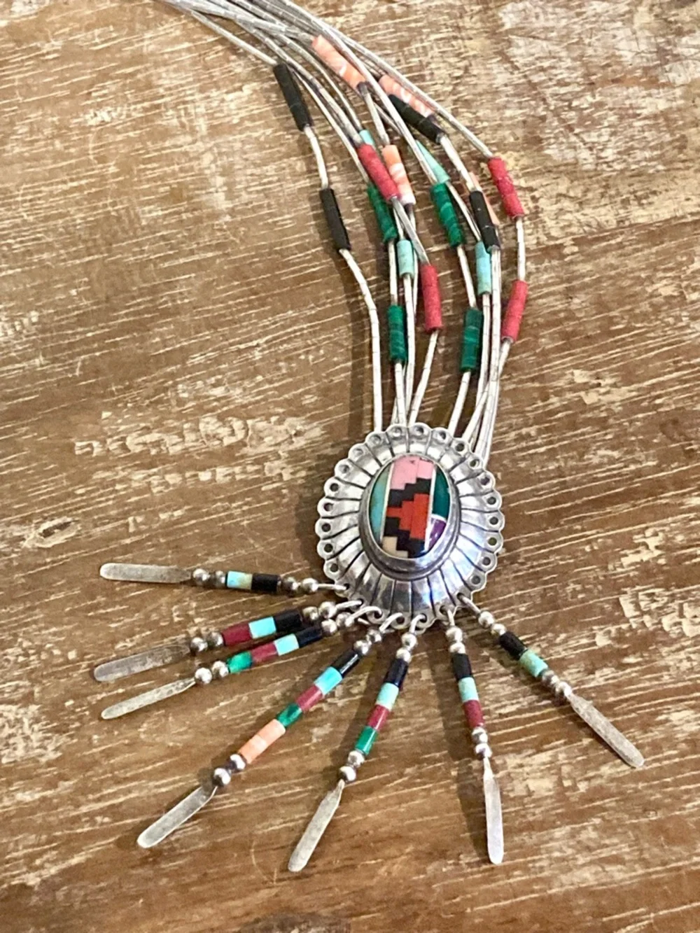 Southwestern Style Inlay Statement Necklace Y2K Style Sterling Silver QT Quoc - Picture 3 of 16